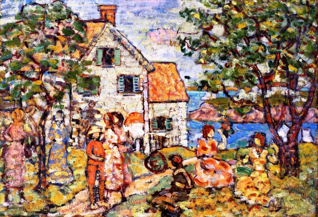Beach and Two Houses by Maurice Brazil Prendergast - Hand-Painted Oil Painting Reproduction