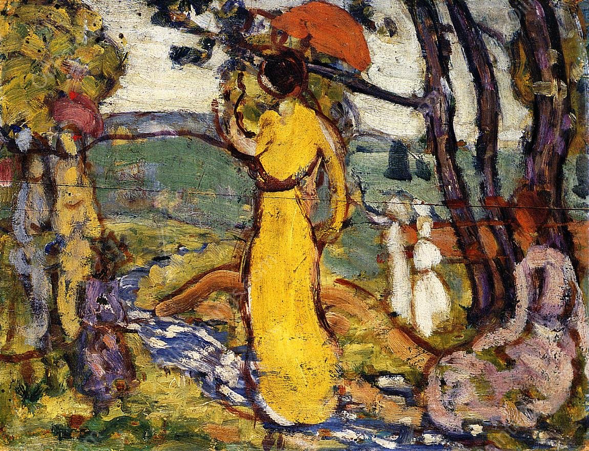 Lady in Yellow Dress in the Park also known as A Lady in Yellow in the Park by Maurice Brazil Prendergast - Hand-Painted Oil Painting Reproduction