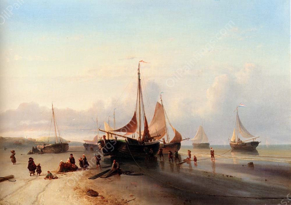Moored Fishing Fleet On The Beach Of Scheveningen by Mauritz Verveer - Hand-Painted Oil Painting Reproduction