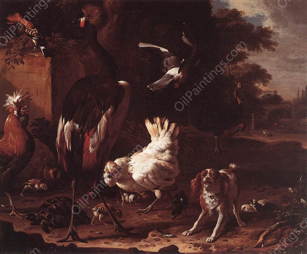 Birds and a Spaniel in a Garden by Melchior Hondecoeter - Hand-Painted Oil Painting Reproduction