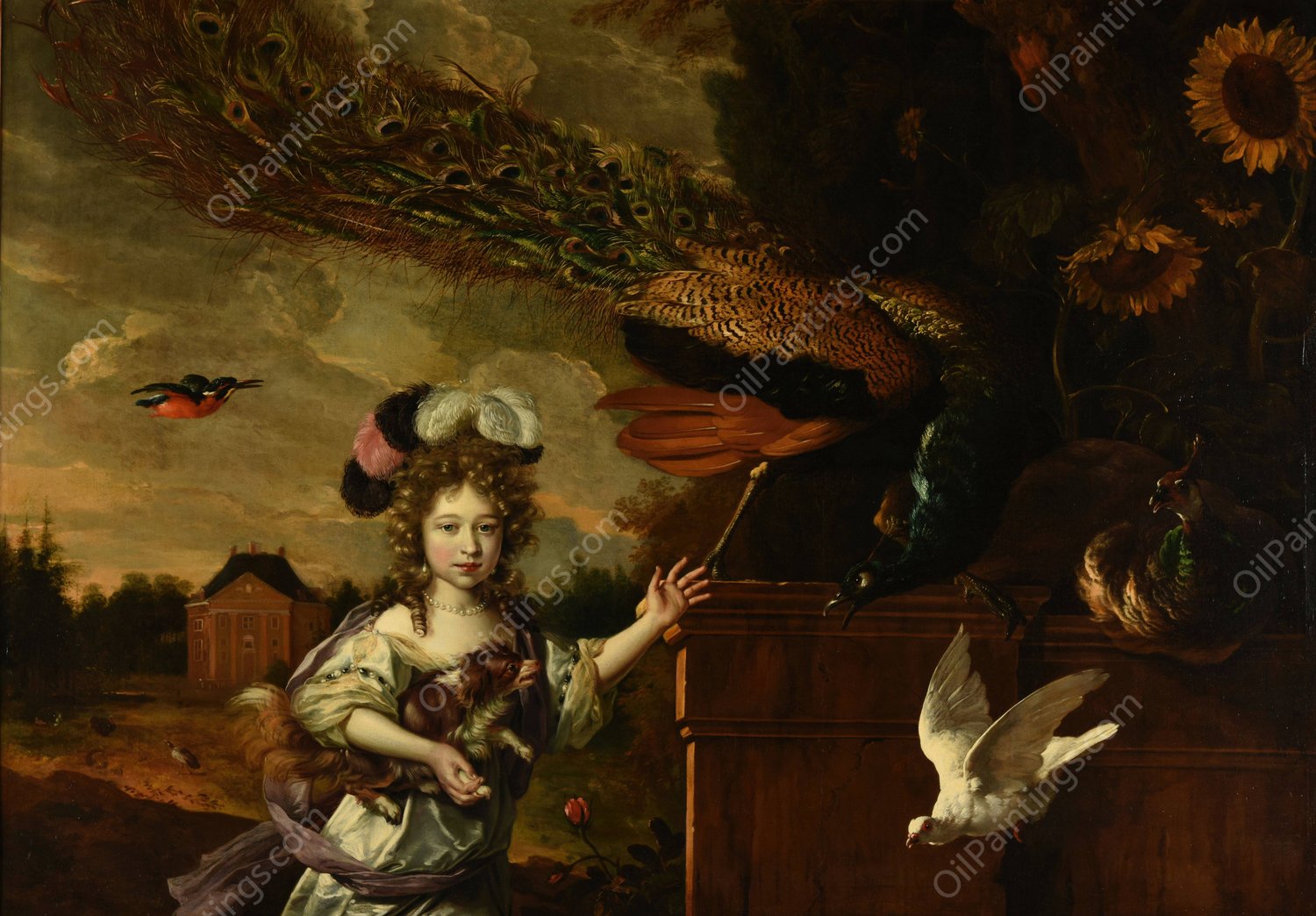 Fillette aux paons  by Melchior D'Hondecoeter - Hand-Painted Oil Painting Reproduction