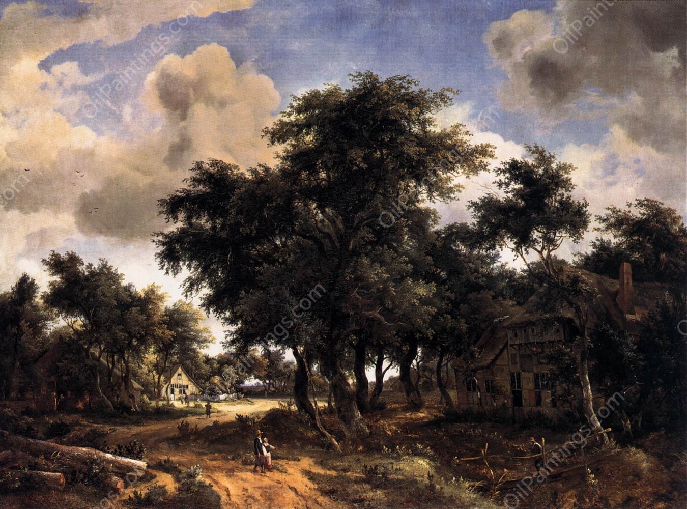 Village Street Under Trees by Meyndert Hobbema - Hand-Painted Oil Painting Reproduction