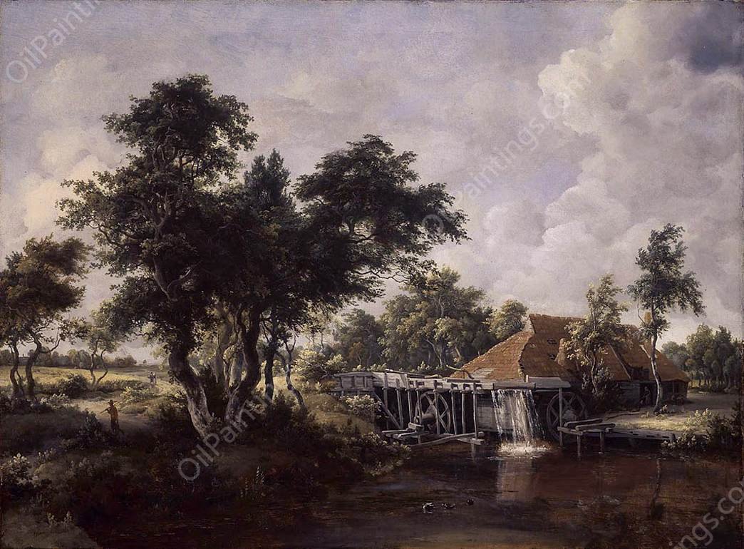 Wooded Landscape with Water Mill by Meyndert Hobbema - Hand-Painted Oil Painting Reproduction