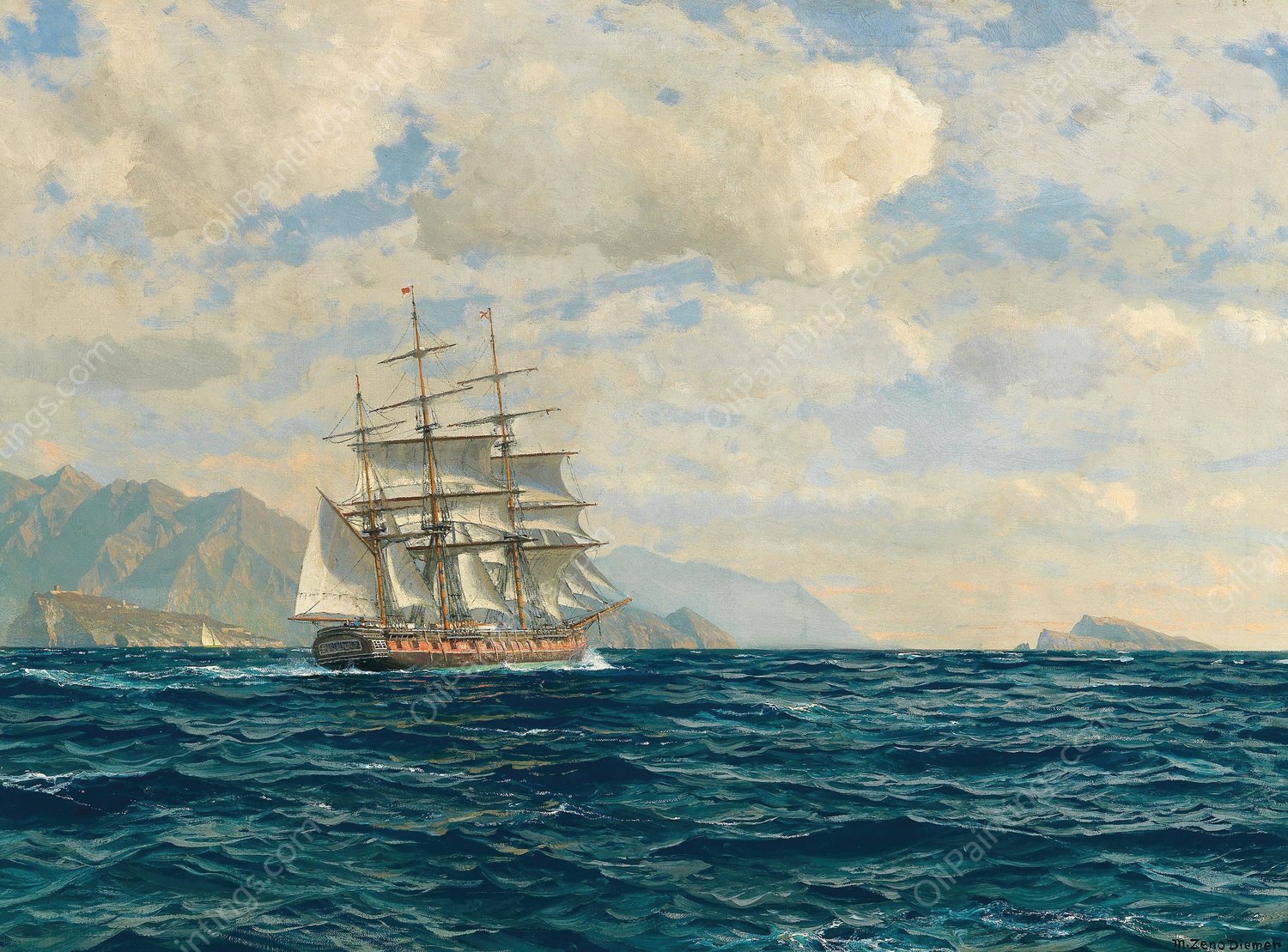 Three-Master in the Strait of Messina by Michael Zeno Diemer - Hand-Painted Oil Painting Reproduction