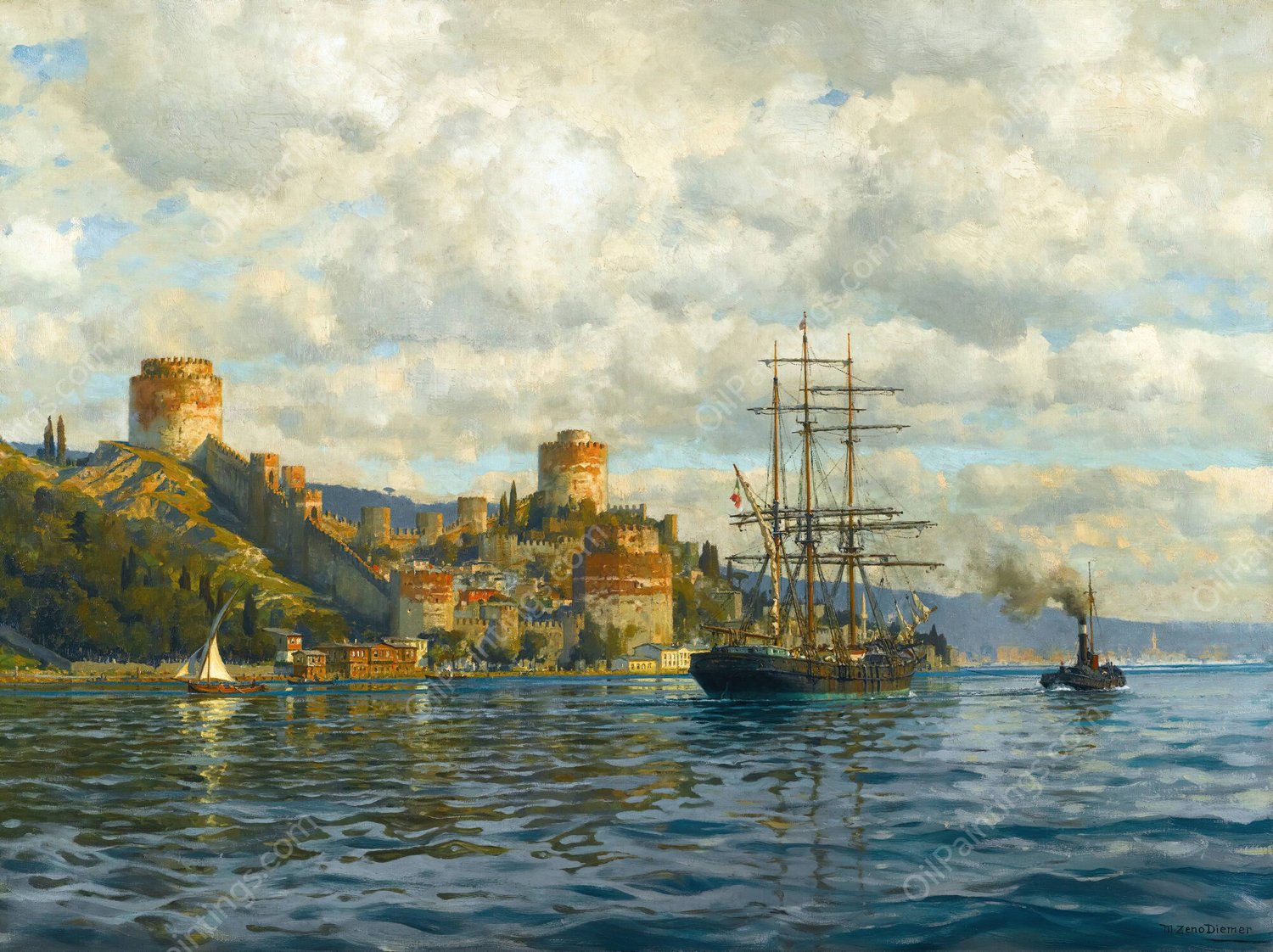 View Of The Bosphorus With Rumelihisari by Michael Zeno Diemer - Hand-Painted Oil Painting Reproduction