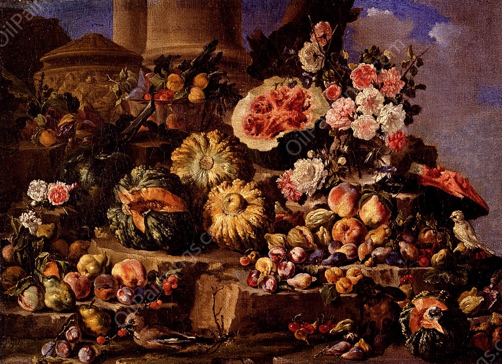 Still Life of Fruit and Flowers on a Stone Ledge with Birds and a Monkey by Michele Pace Del Campidoglio - Hand-Painted Oil Painting Reproduction