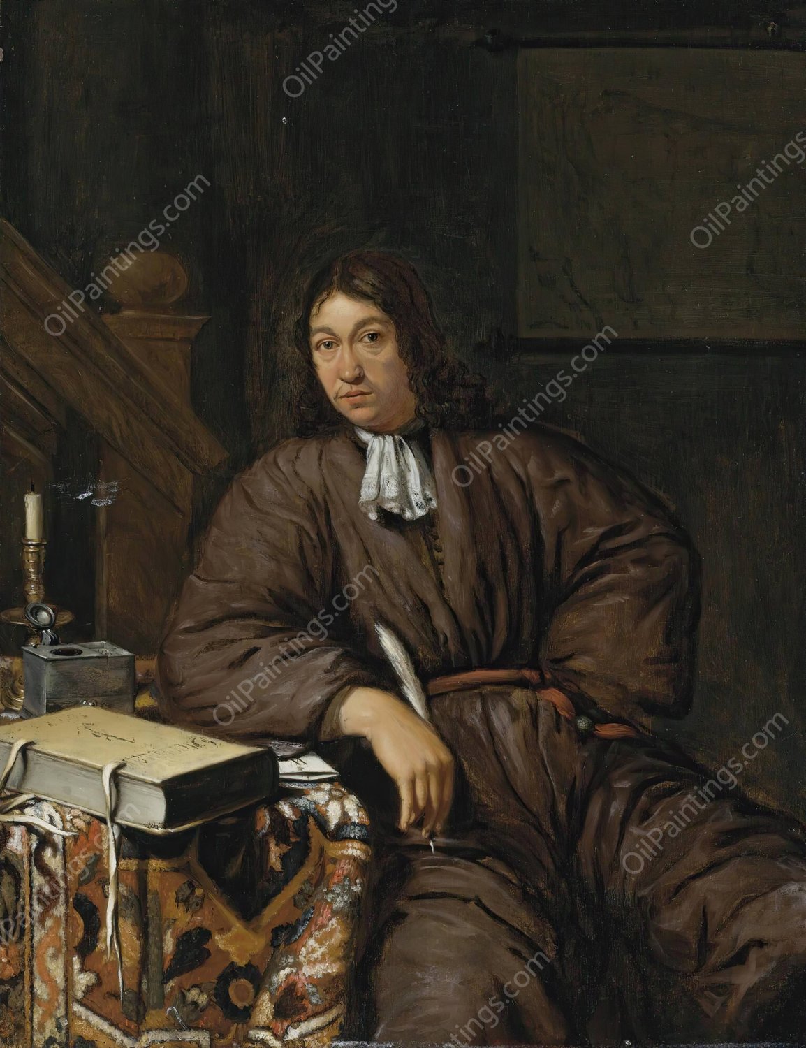A Gentleman At His Desk by Michiel Van Musscher - Hand-Painted Oil Painting Reproduction