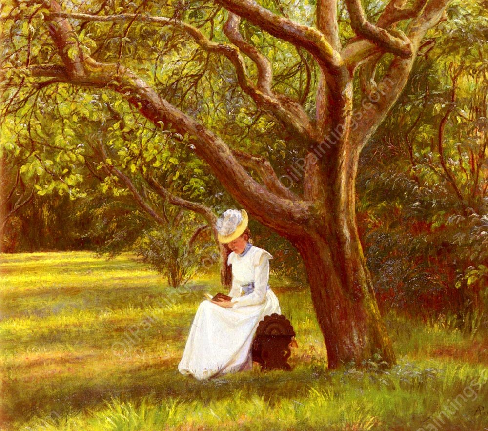 Reading In The Park by Micholine Anemine Poulsen - Hand-Painted Oil Painting Reproduction