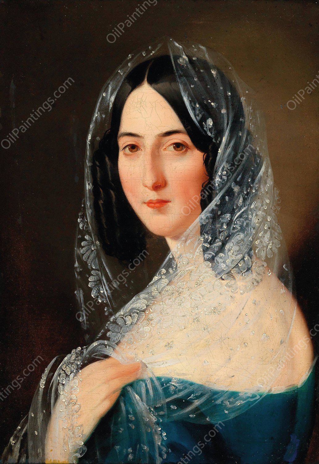 Portrait of a Lady with White Lace Veil by Mihael Stroj - Hand-Painted Oil Painting Reproduction