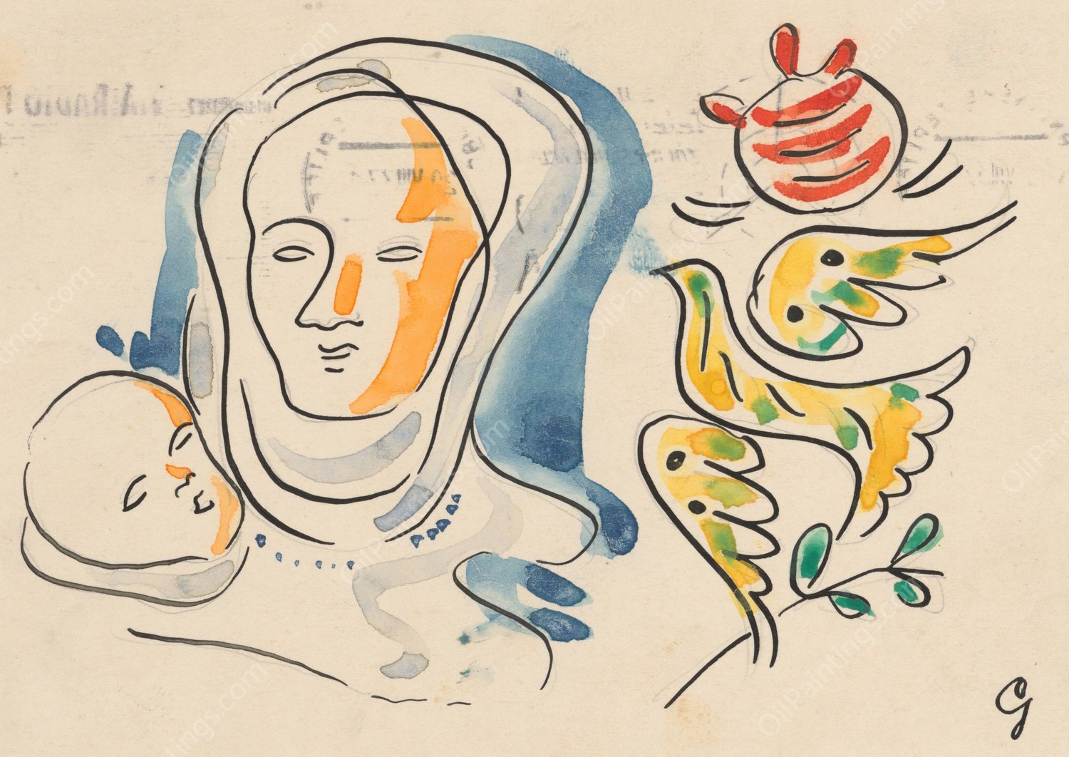 Mother with Baby and Dove  by Mikulas Galanda - Hand-Painted Oil Painting Reproduction