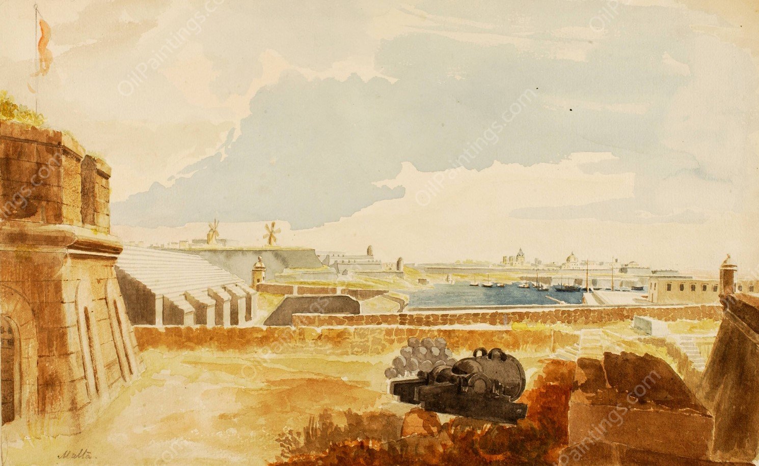 Fortifications At Malta by Miner Kilbourne Kellogg - Hand-Painted Oil Painting Reproduction