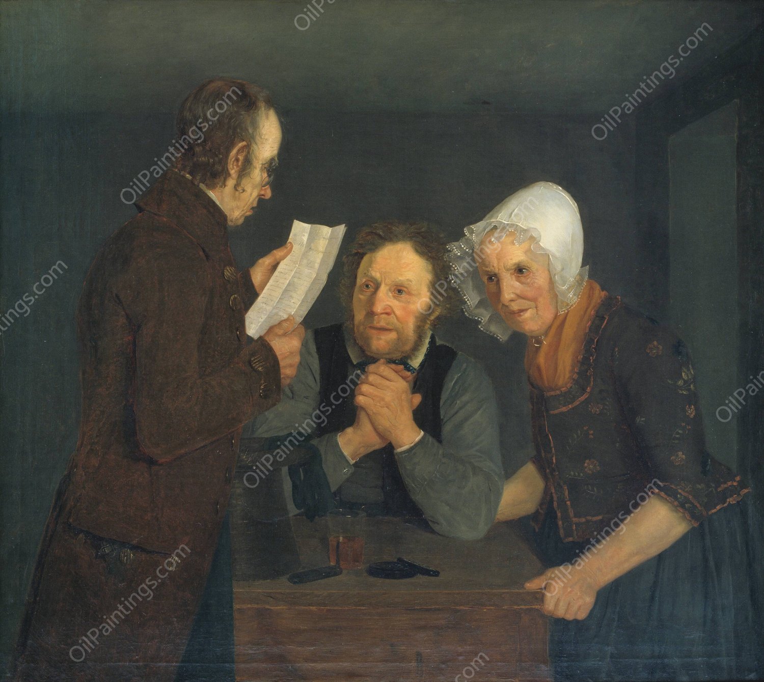 A Schoolmaster Reading Aloud a Letter to an Old Couple from Their Son Abroad  by Moritz Unna - Hand-Painted Oil Painting Reproduction