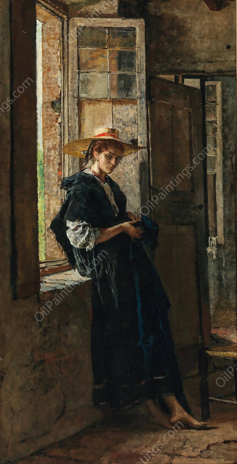 Lady with Strawhat by the Window by Mose Bianchi - Hand-Painted Oil Painting Reproduction