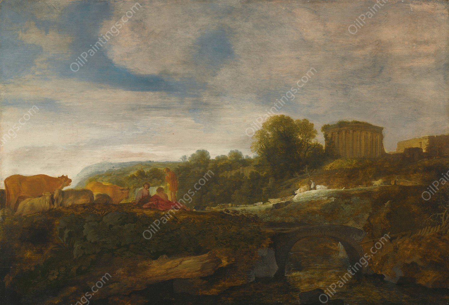 Arcadian Landscape With Resting Shepherds With Their Cattle, Antiquities Beyond by Moyses Van Uyttenbroek - Hand-Painted Oil Painting Reproduction