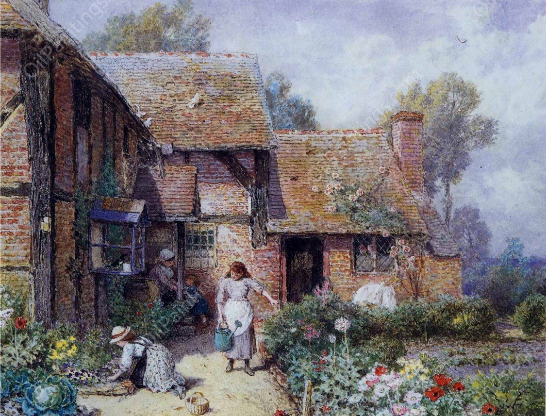 An Afternoon in the Garden by Myles Birket Foster - Hand-Painted Oil Painting Reproduction