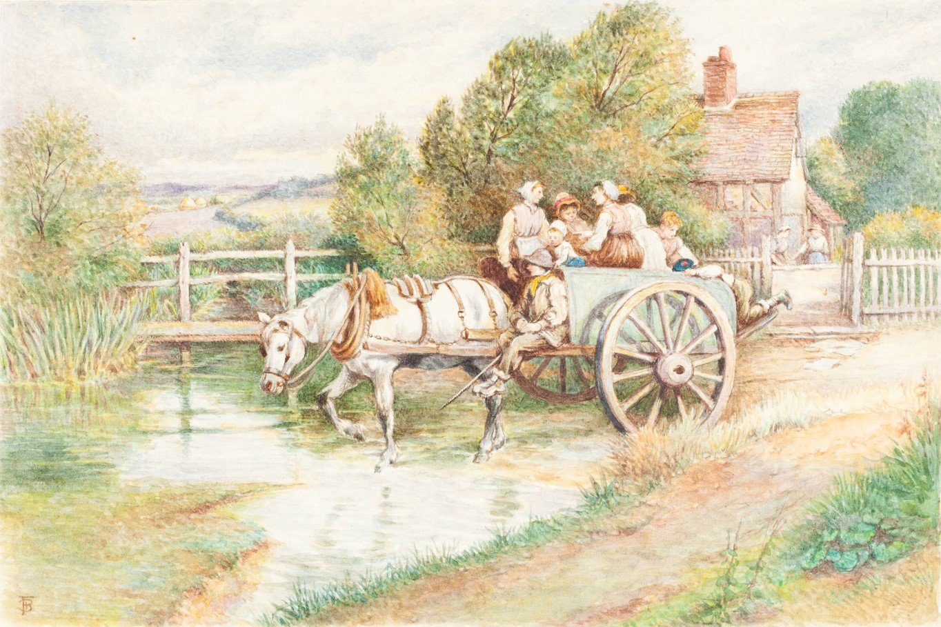 Children in a Cart by Myles Birket Foster - Hand-Painted Oil Painting Reproduction