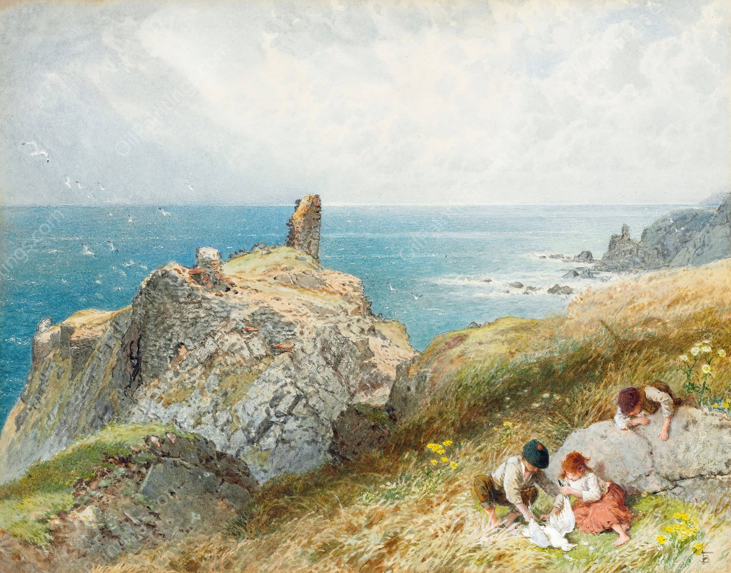 Fast Castle, Berwickshire, Scotland by Myles Birket Foster - Hand-Painted Oil Painting Reproduction