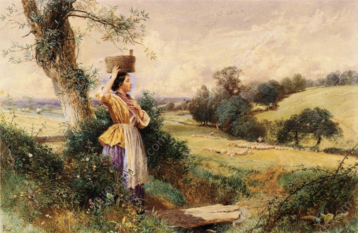 The Milk-Maid by Myles Birket Foster - Hand-Painted Oil Painting Reproduction
