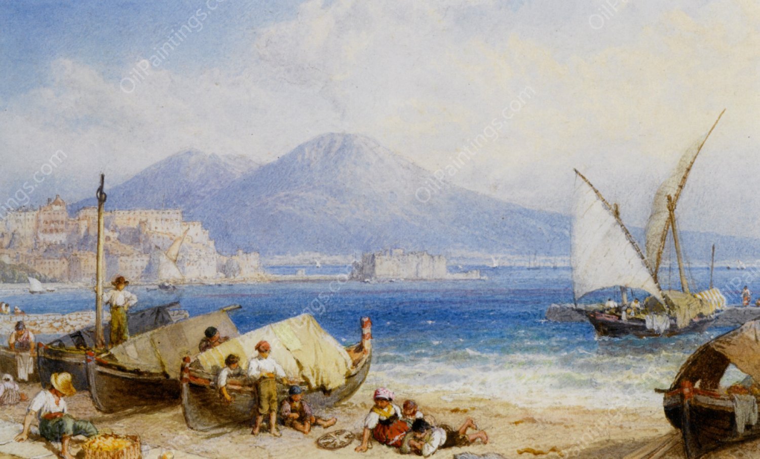 View of the Bay of Naples by Myles Birket Foster - Hand-Painted Oil Painting Reproduction