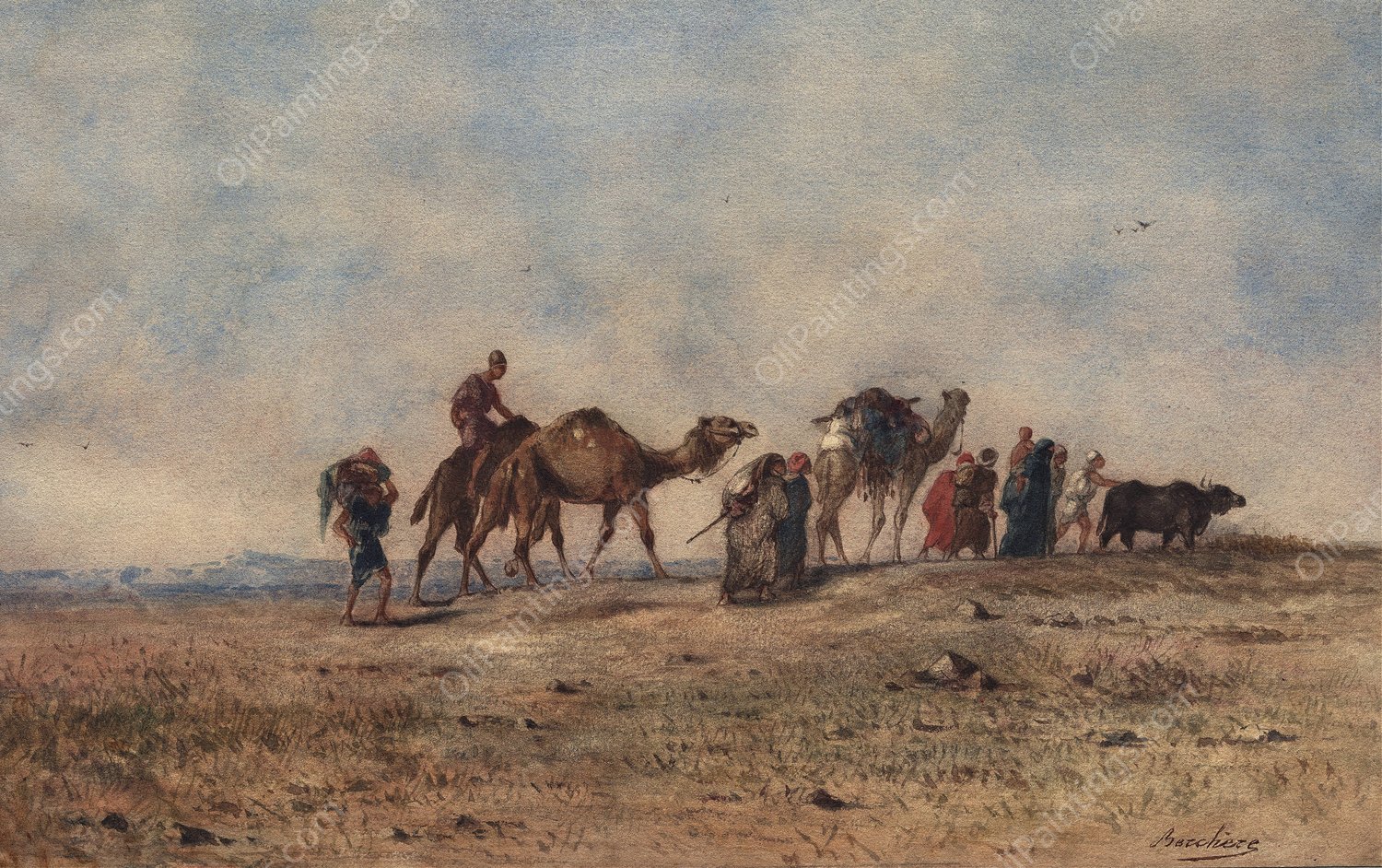 A Caravan in the Desert  by Narcisse Berchere - Hand-Painted Oil Painting Reproduction