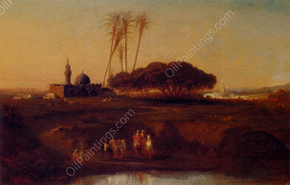 Arabs at an Oasis at Dusk by Narcisse Berchere - Hand-Painted Oil Painting Reproduction
