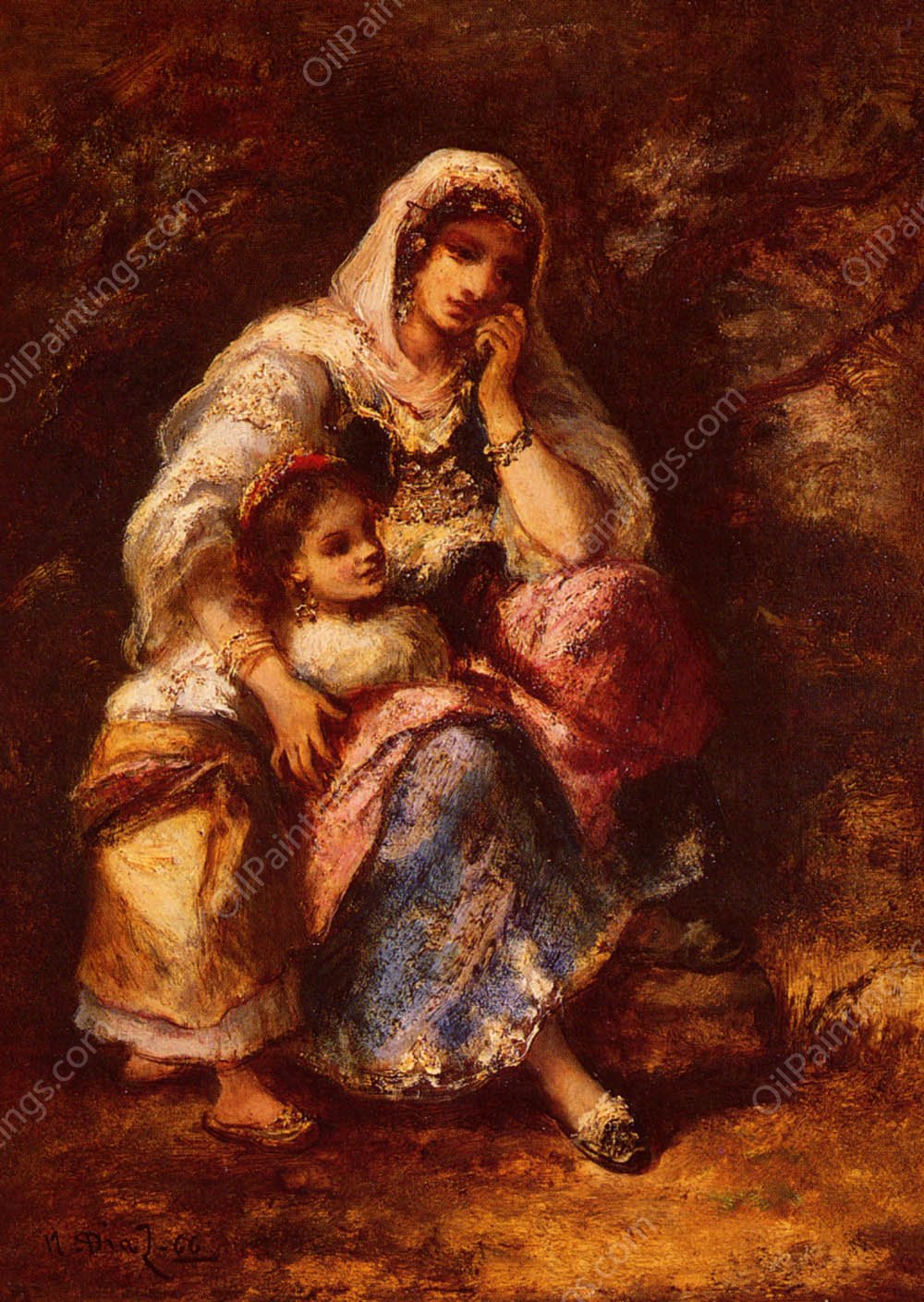 Gypsy Mother and Child by Narcisse Diaz De La Pena - Hand-Painted Oil Painting Reproduction