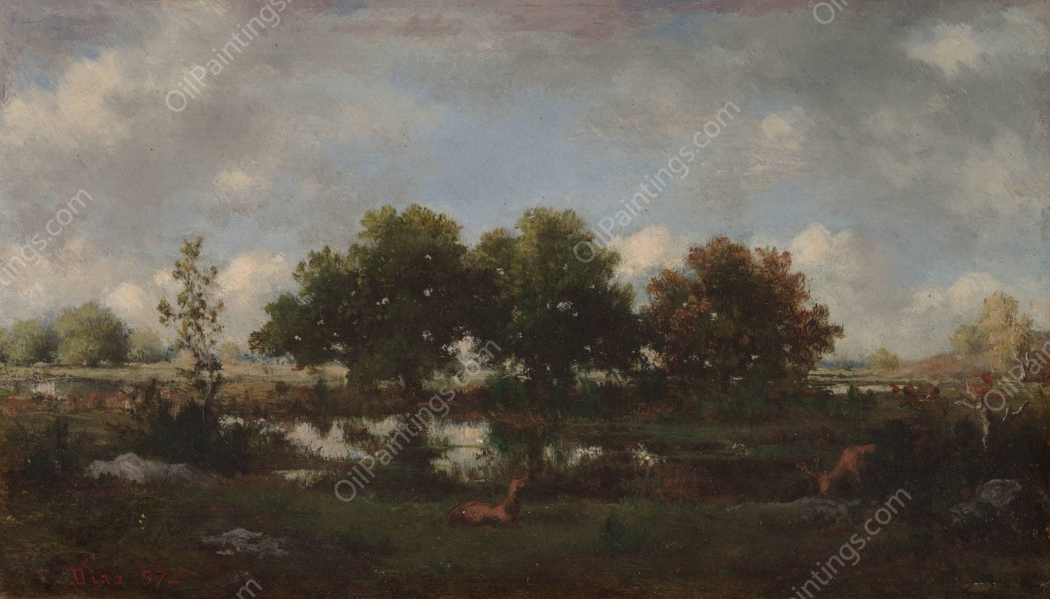 Forest Landscape with Stags  by Narcisse-Virgile Diaz De La Pena - Hand-Painted Oil Painting Reproduction