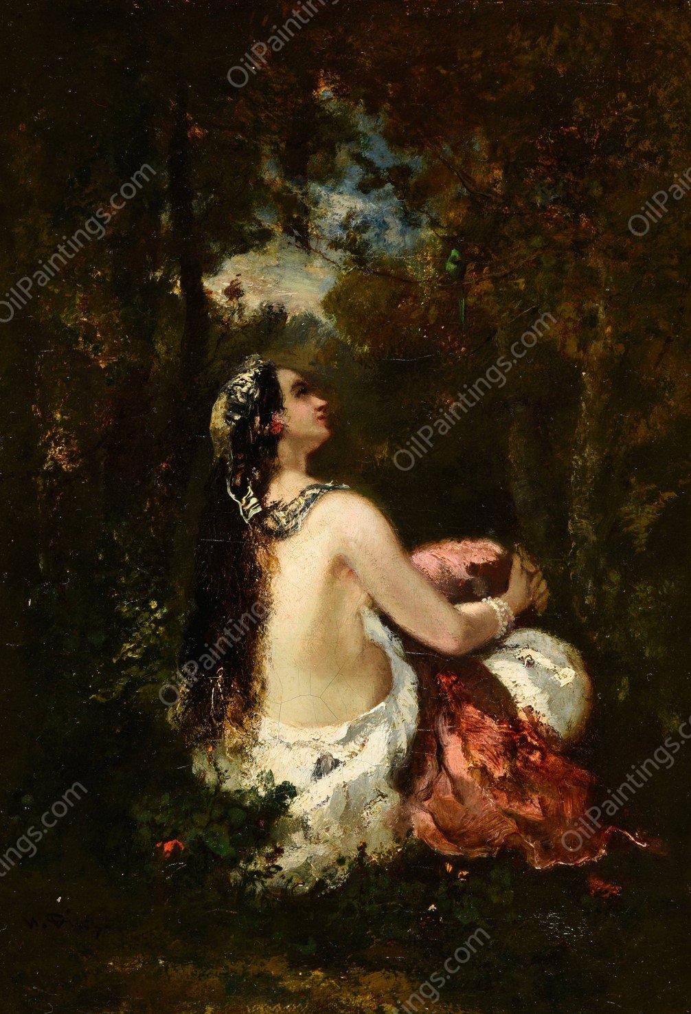 La femme a la perruche by Narcisse-Virgile Diaz De La Pena - Hand-Painted Oil Painting Reproduction