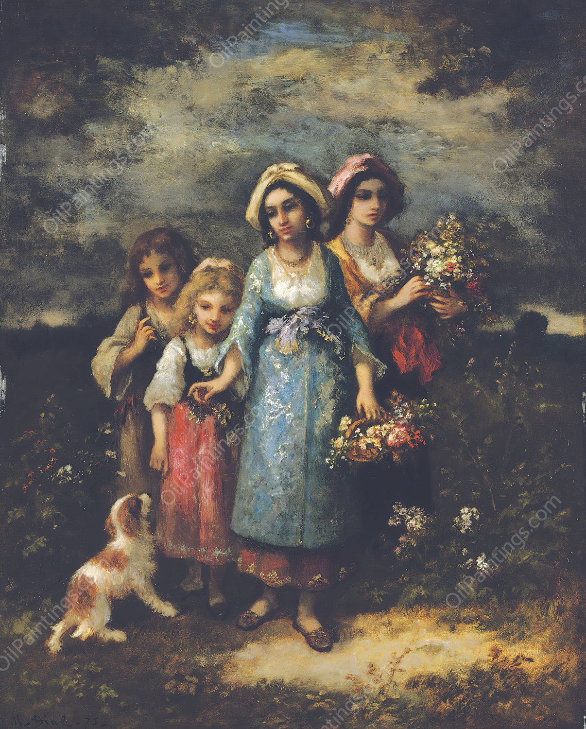 Picking Flowers  by Narcisse-Virgile Diaz De La Pena - Hand-Painted Oil Painting Reproduction