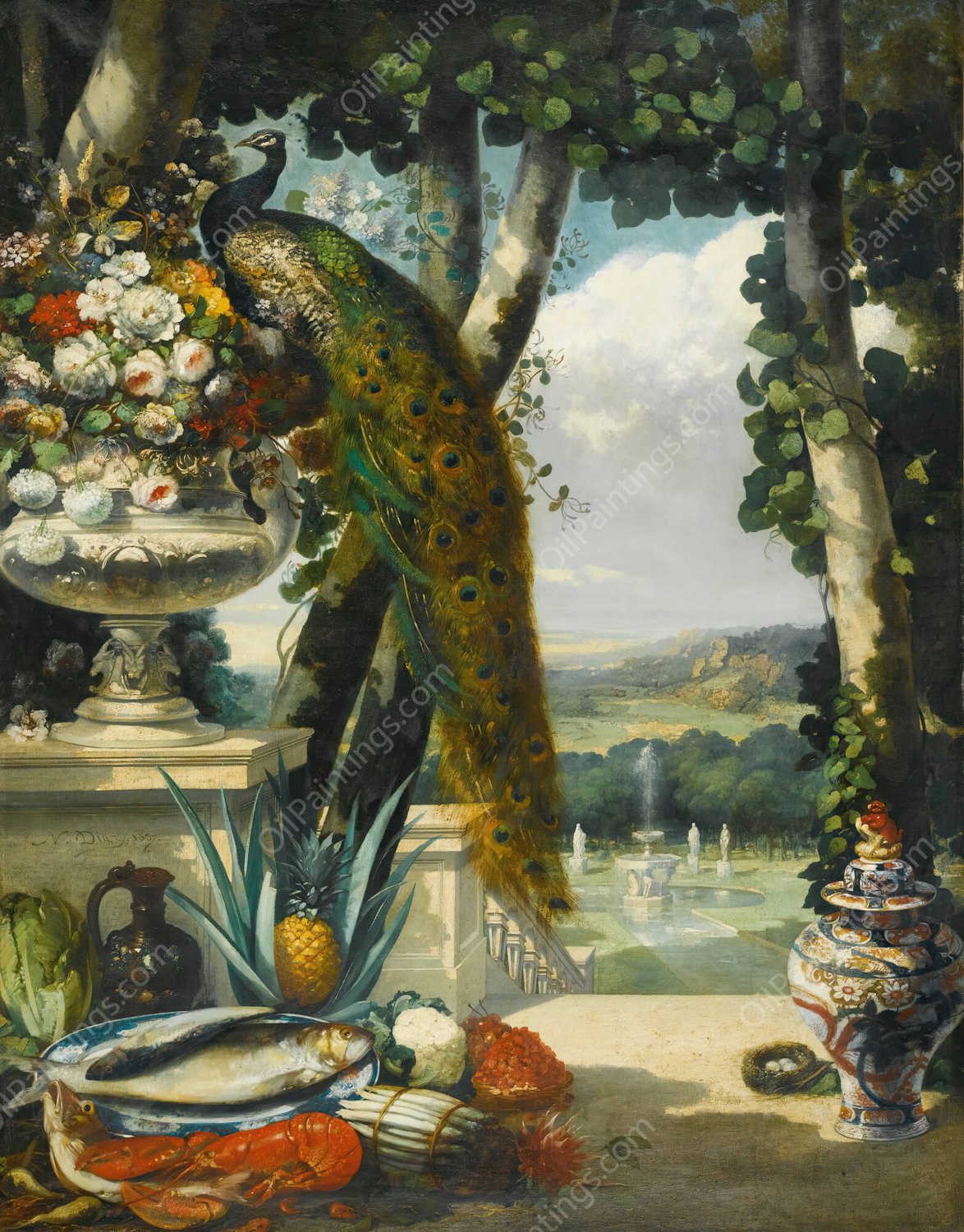 Still life with peacock, flowers, fruit and japanese vase, an extensive park landscape beyond  by Narcisse-Virgile Diaz De La Pena - Hand-Painted Oil Painting Reproduction