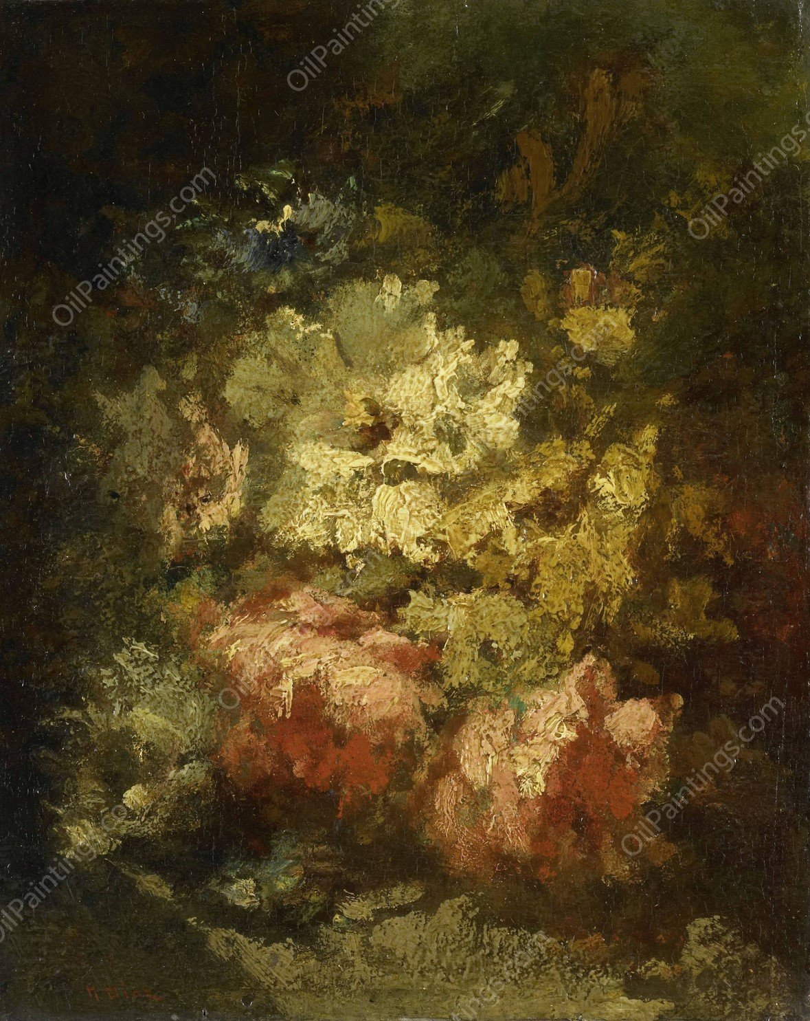 Still Life with White and Red Roses  by Narcisse-Virgile Diaz De La Pena - Hand-Painted Oil Painting Reproduction