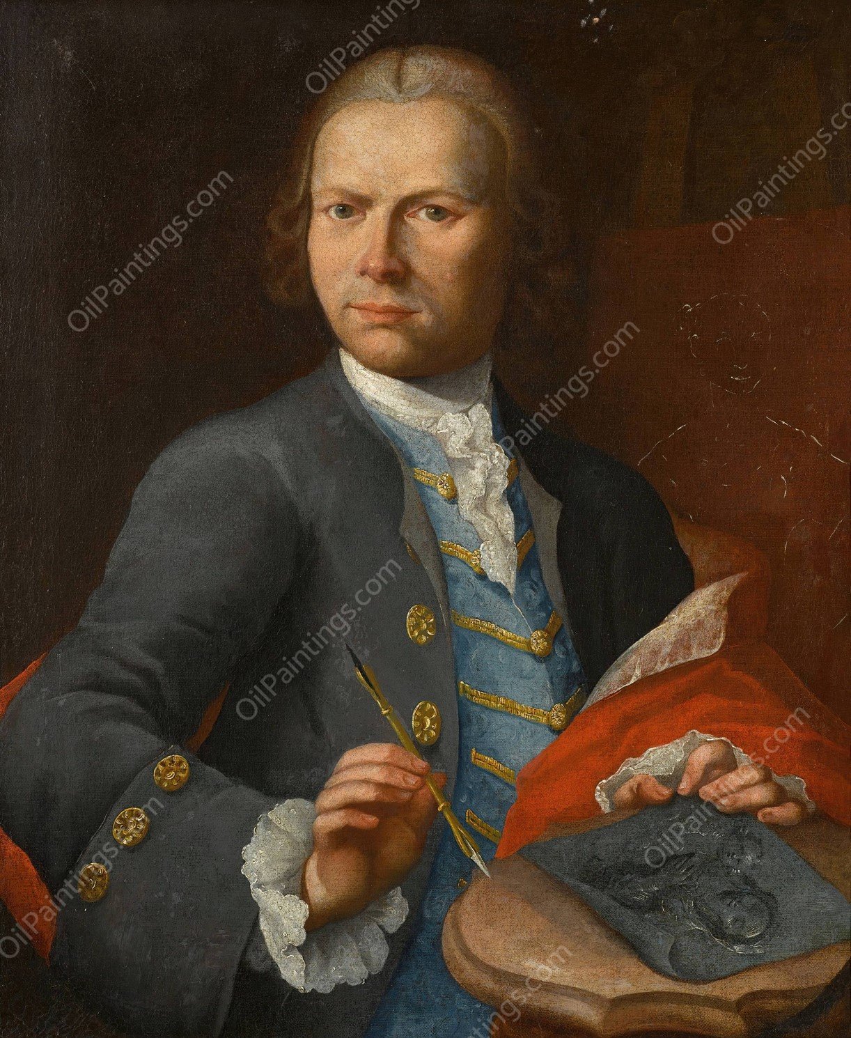 Portrait of an artist holding a drawing, an unfinished canvas beyond by Nathaniel Hone - Hand-Painted Oil Painting Reproduction
