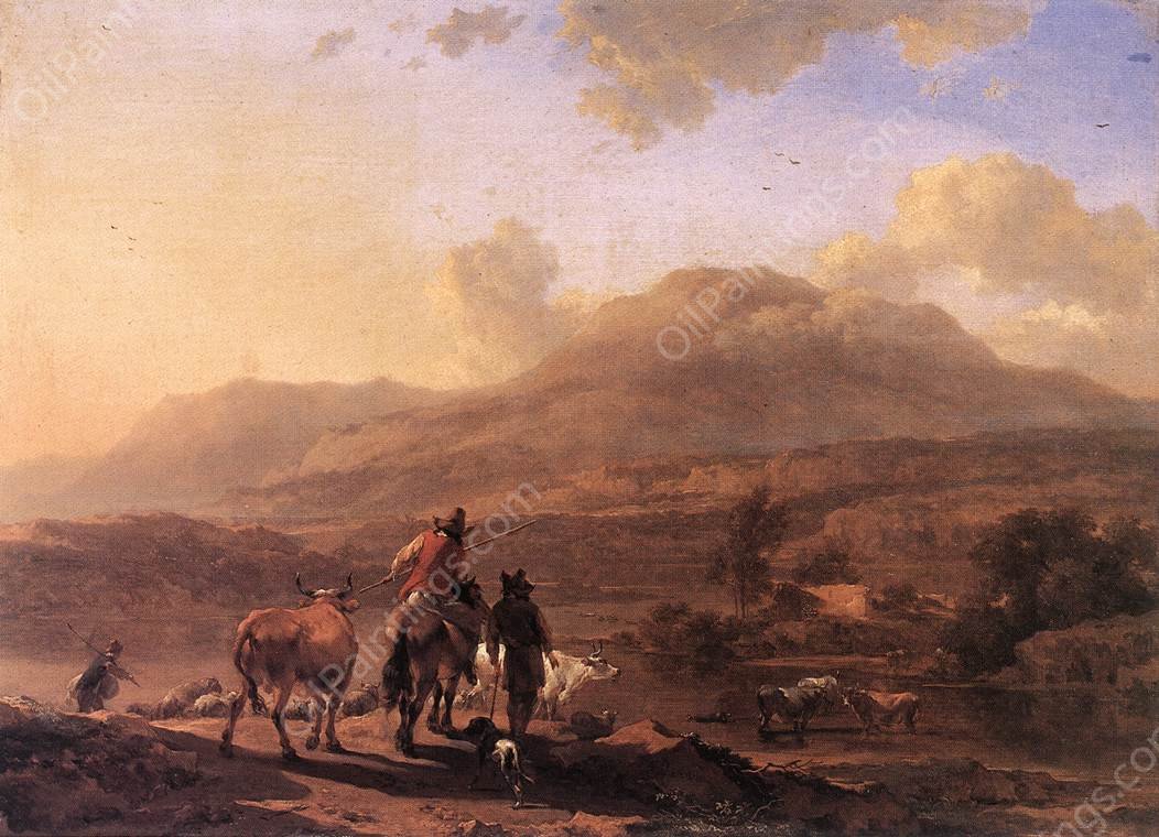 Italian Landscape at Sunset by Nicolaes Berchem - Hand-Painted Oil Painting Reproduction