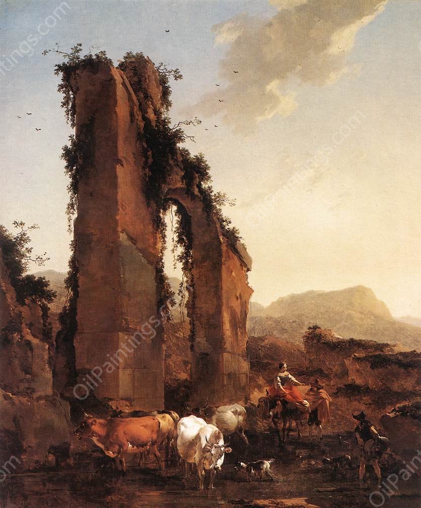 Peasants with Cattle by a Ruined Aqueduct by Nicolaes Berchem - Hand-Painted Oil Painting Reproduction