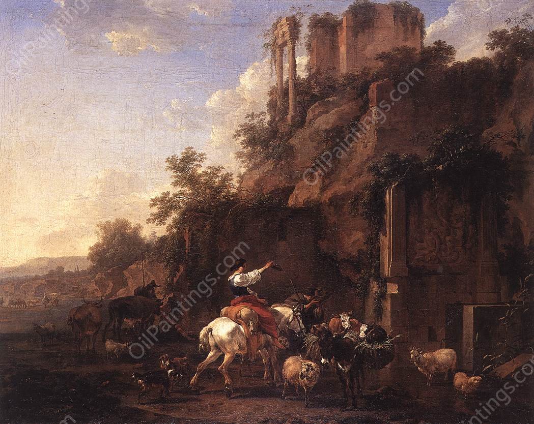 Rocky Landscape with Antique Ruins by Nicolaes Berchem - Hand-Painted Oil Painting Reproduction