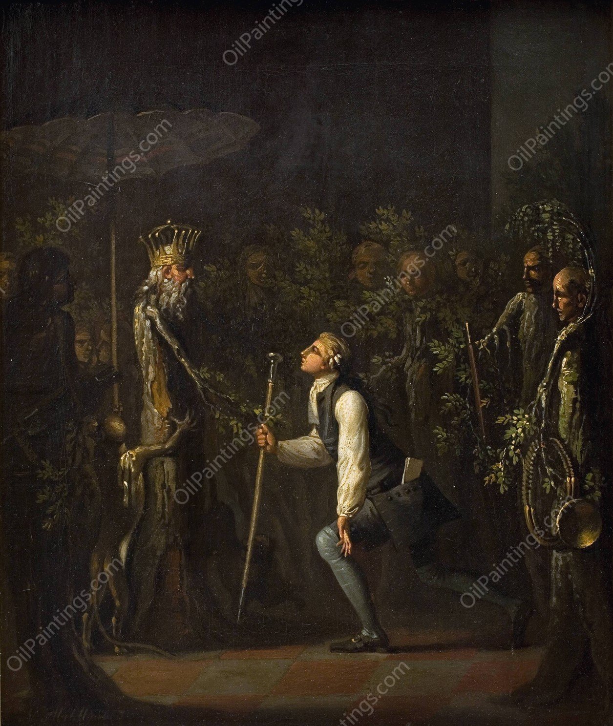 The Potuans are Surprised to see Niels Klim Genuflect in front of the Wise Prince  by Nicolai Abraham Abildgaard - Hand-Painted Oil Painting Reproduction