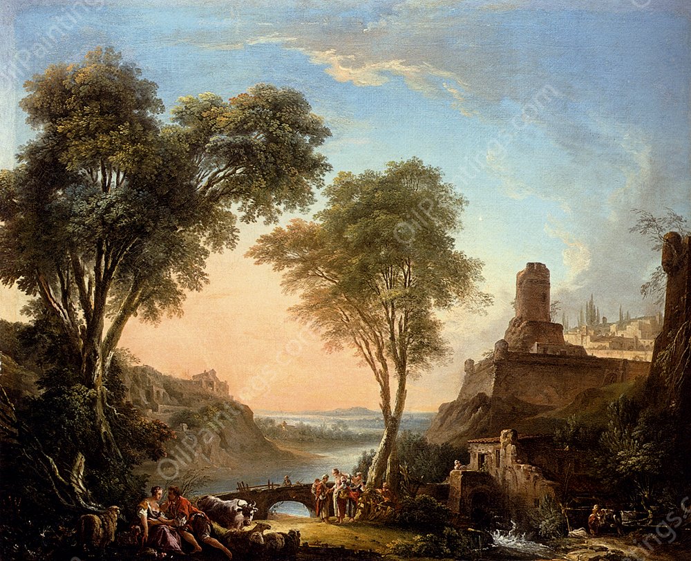 Figures Resting On The Banks Of A River, A Bridge In The Distance by Nicolas-Jacques Juliard - Hand-Painted Oil Painting Reproduction