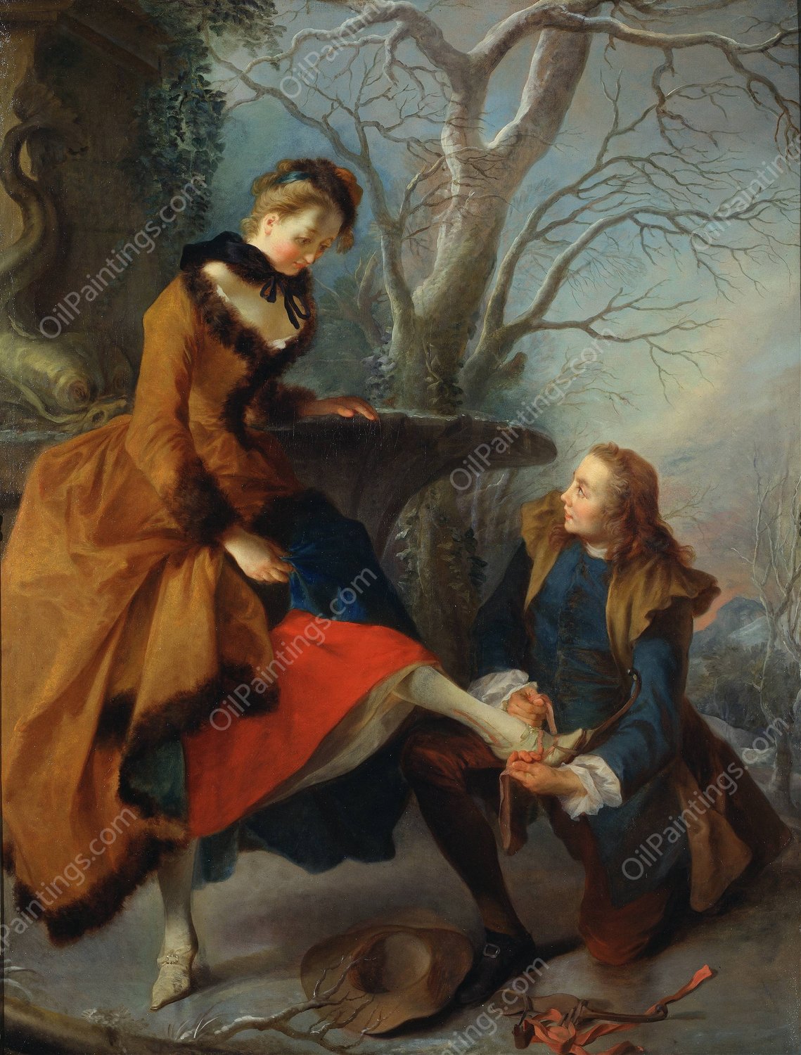 Fastening the Skate by Nicolas Lancret - Hand-Painted Oil Painting Reproduction