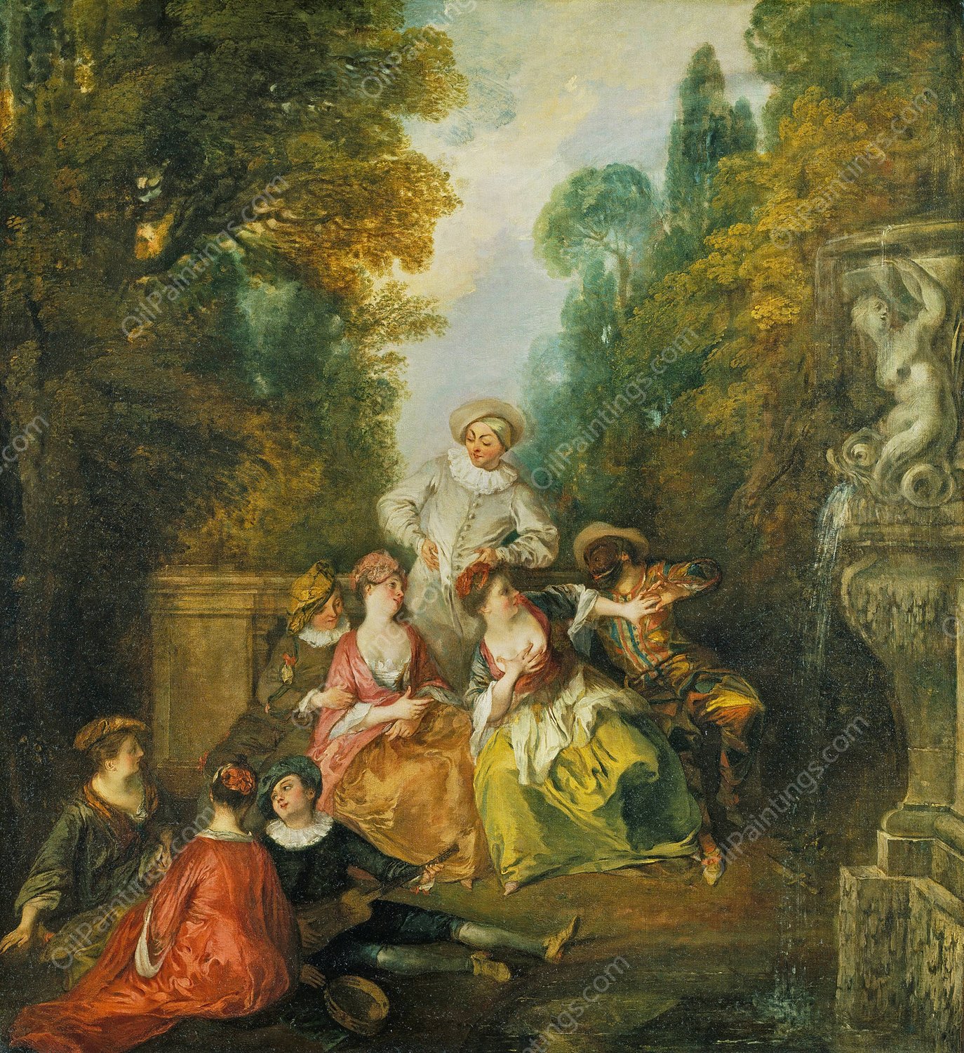 Italian Comedians by a Fountain  by Nicolas Lancret - Hand-Painted Oil Painting Reproduction