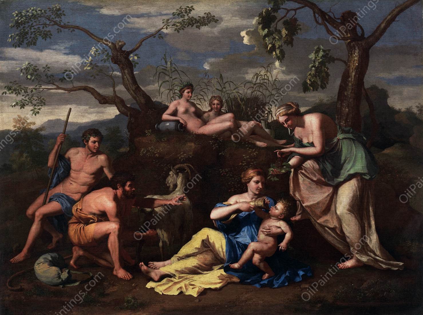 Nymphs Feeding the Child Jupiter by Nicolas Poussin - Hand-Painted Oil Painting Reproduction