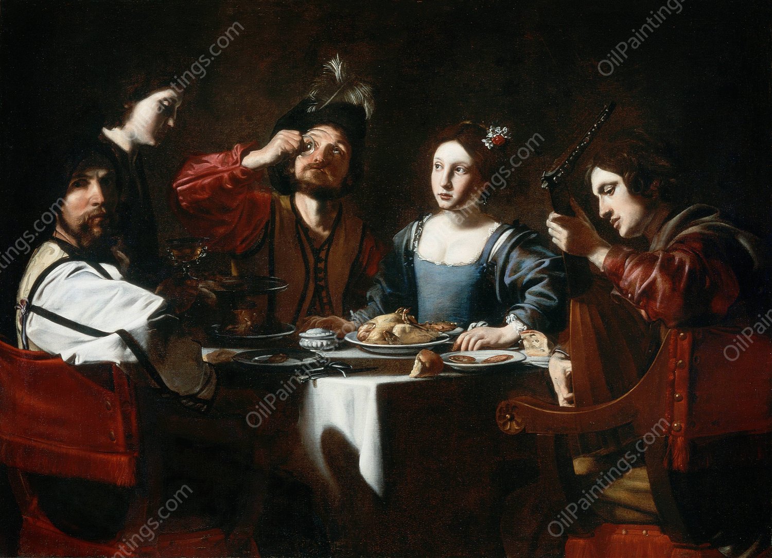 Banquet Scene with a Lute Player  by Nicolas Tournier - Hand-Painted Oil Painting Reproduction