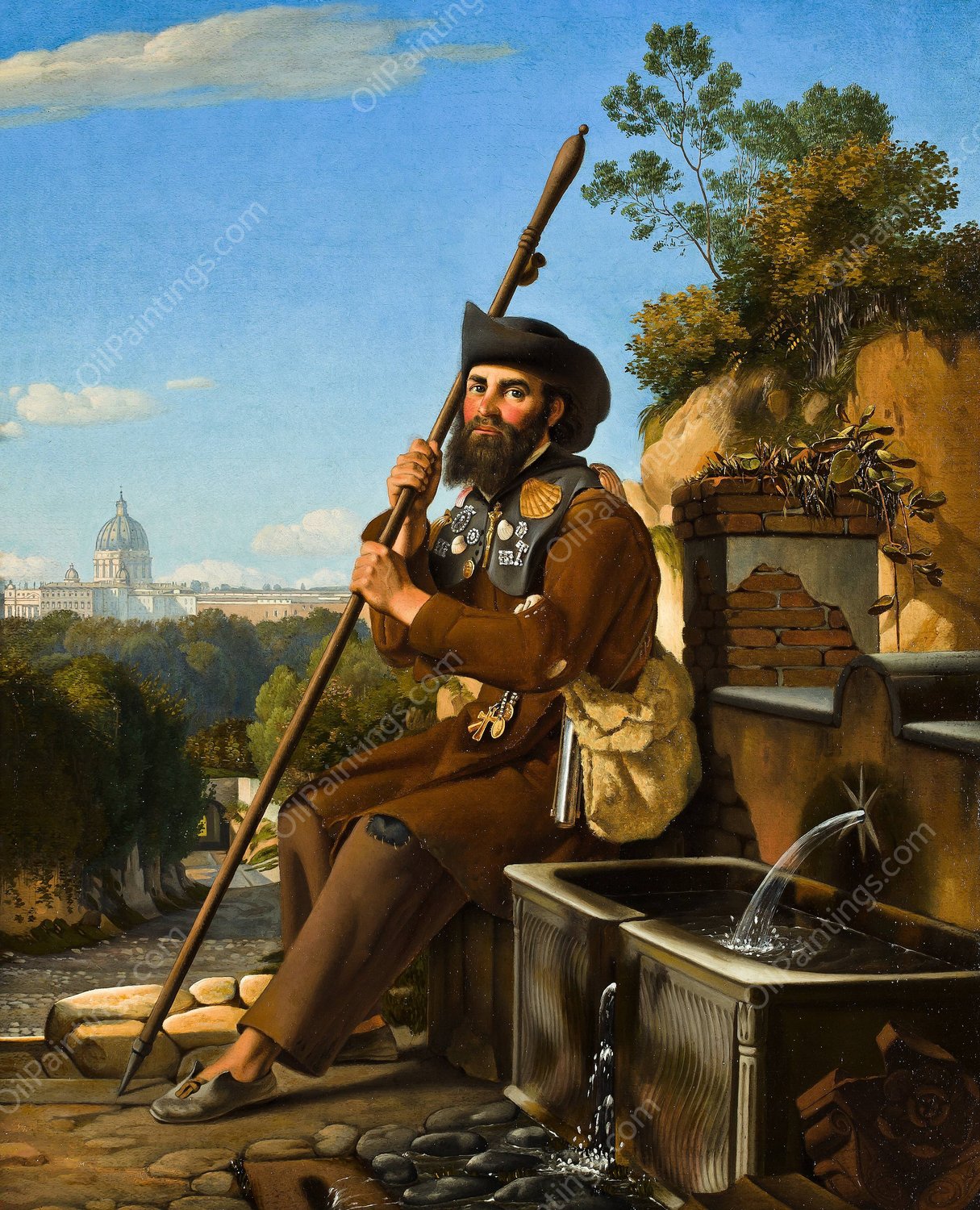 A Pilgrim Sitting By A Fountain In The Via Dell'Arco Scuro, Rome  by Niels Peter Holbech - Hand-Painted Oil Painting Reproduction