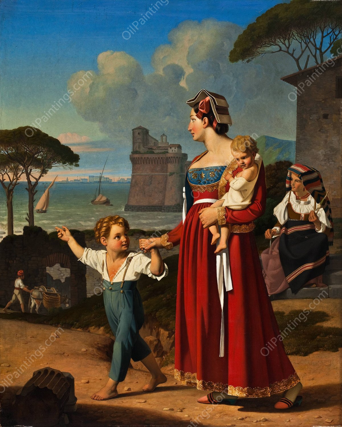 A Young Italian Woman With Her Children And An Old Woman Spinning, Nettuno  by Niels Peter Holbech - Hand-Painted Oil Painting Reproduction
