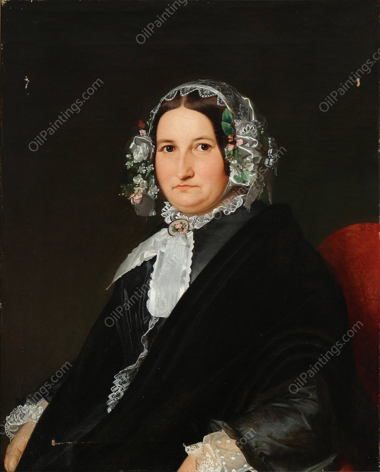 Portraet af en dame i sort silkekjole og kyse  by Niels Peter Holbech - Hand-Painted Oil Painting Reproduction