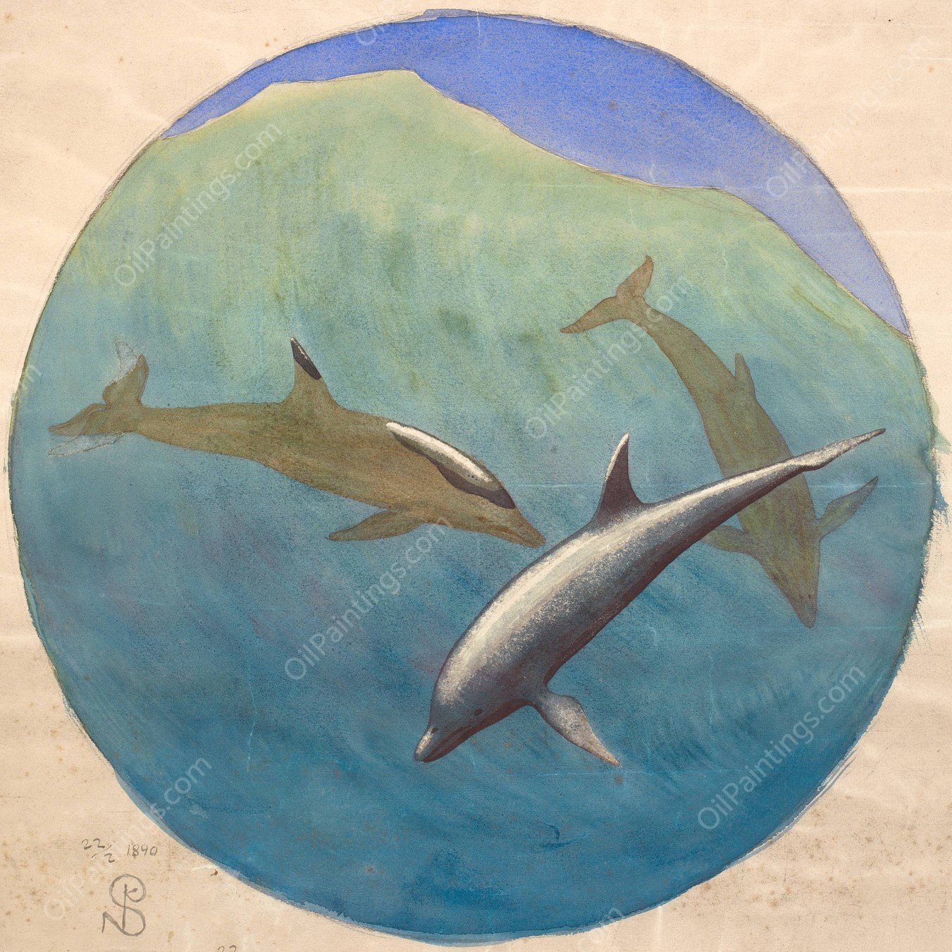 Springende delfiner  by Niels Skovgaard - Hand-Painted Oil Painting Reproduction