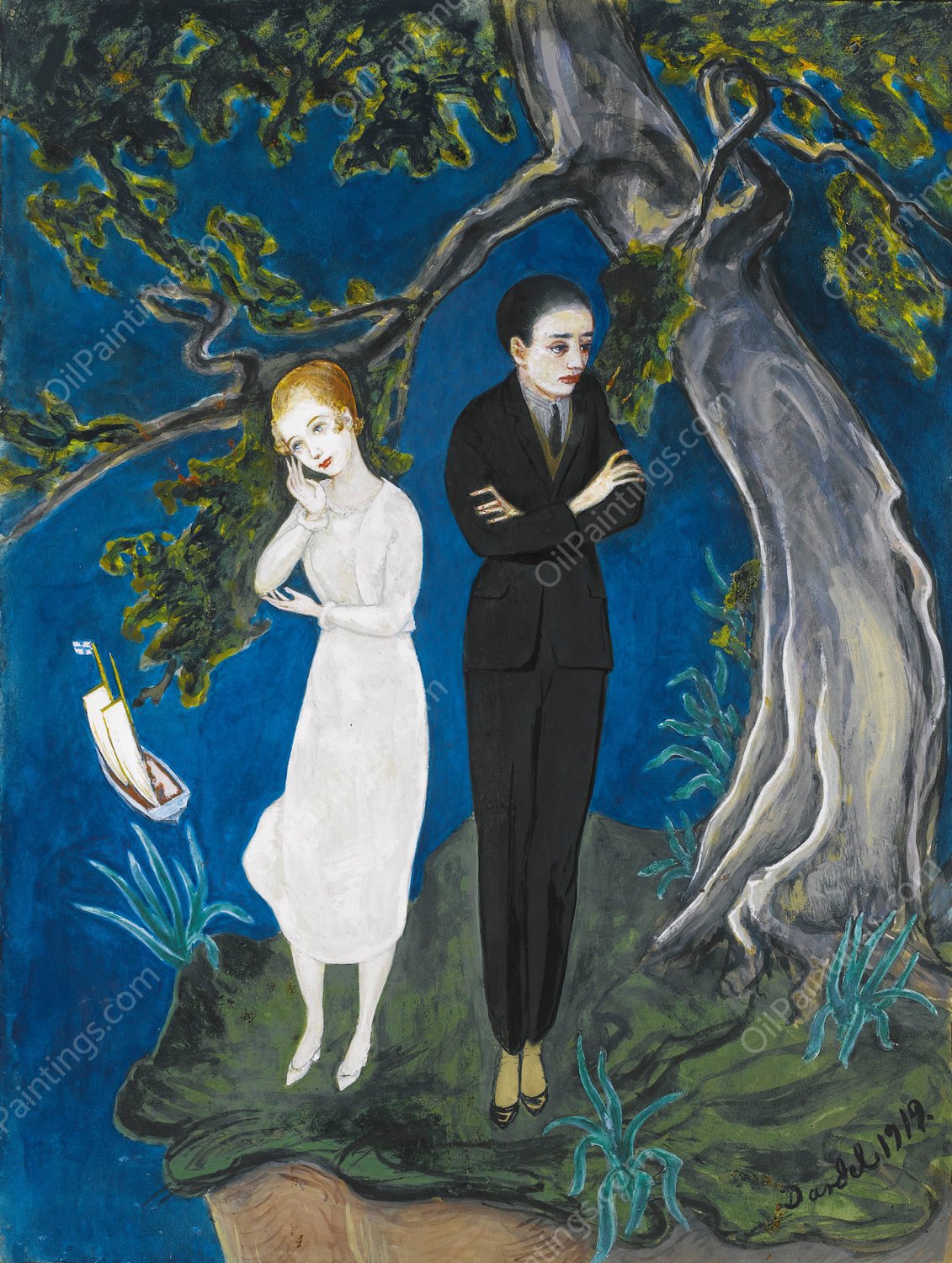 Young Man In Black, Girl In White  by Nils Dardel - Hand-Painted Oil Painting Reproduction