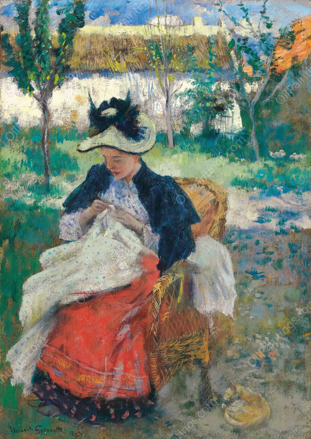 Jeune femme a sa couture  by Norbert Goeneutte - Hand-Painted Oil Painting Reproduction