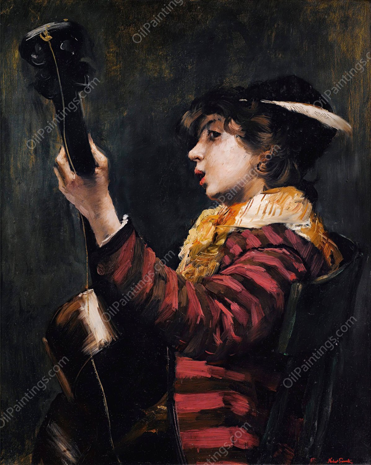 Young Boy Playing The Guitare by Norbert Goeneutte - Hand-Painted Oil Painting Reproduction