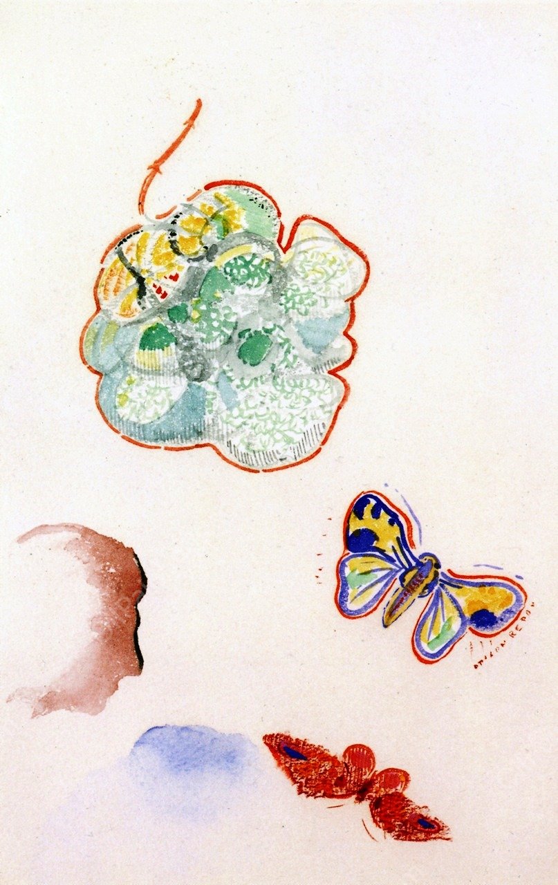 Flowers and Butterflies with Profile by Odilon Redon - Hand-Painted Oil Painting Reproduction