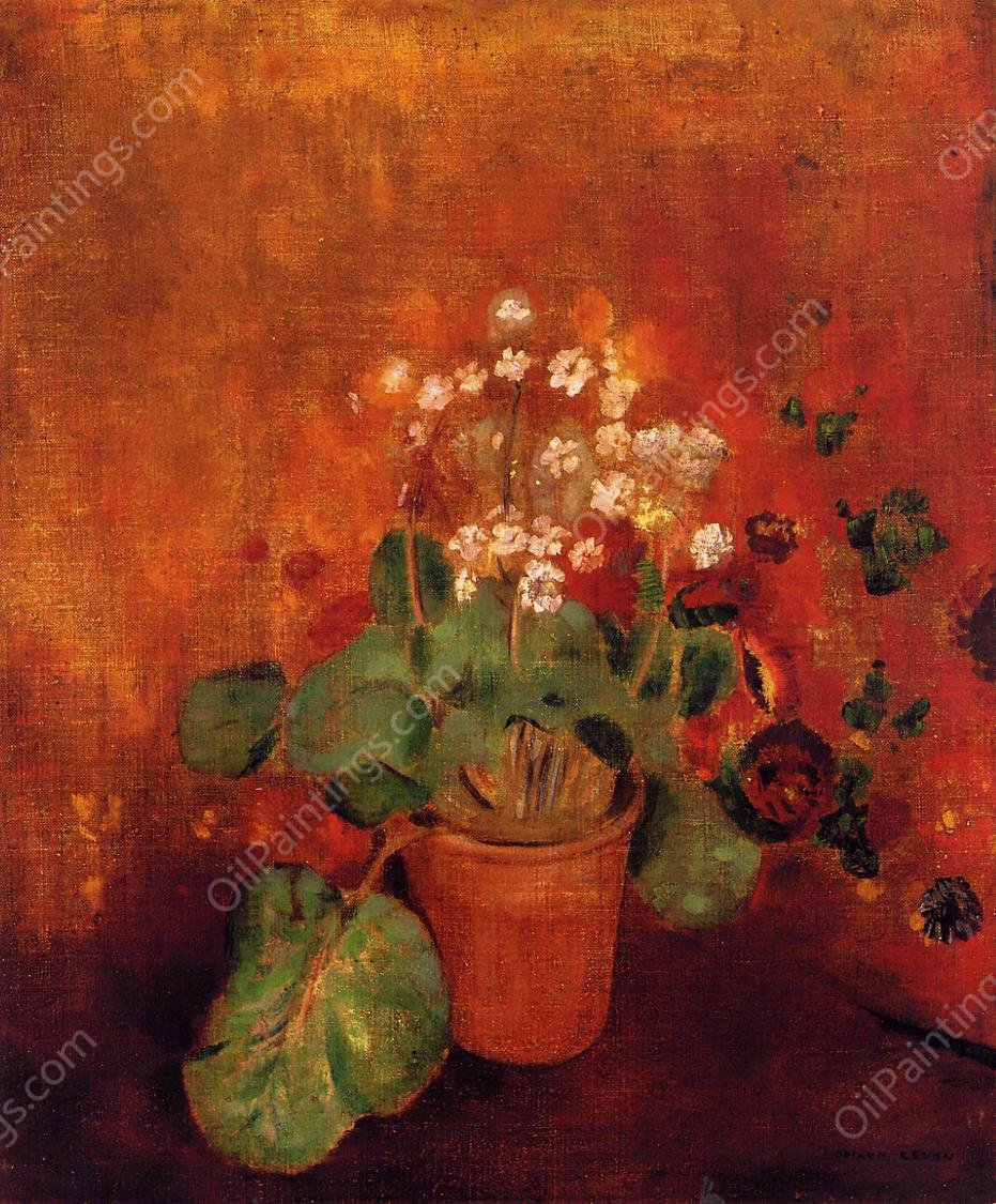 Flowers in a Pot on a Red Background by Odilon Redon - Hand-Painted Oil Painting Reproduction